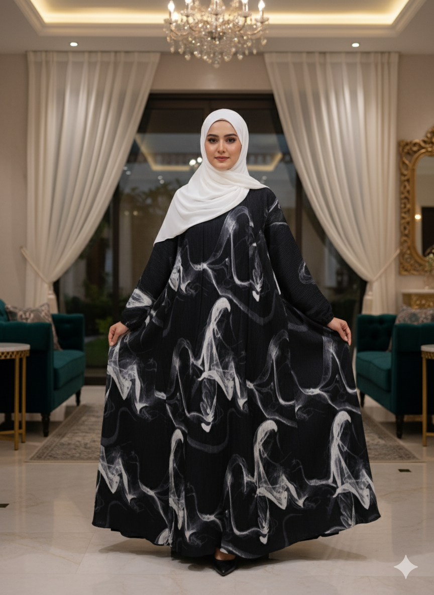 Black Marble Print Jacket Abaya Set