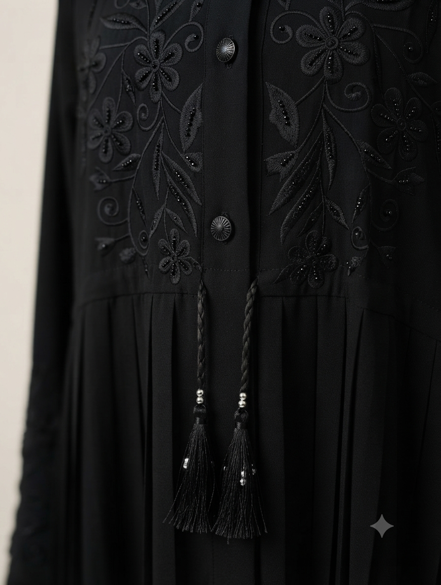 ๐ธ Beautiful Parada Fabric Fancy Front Floral Embroidery & Pleated Pattern Abaya with Black Dupatta ๐ธ