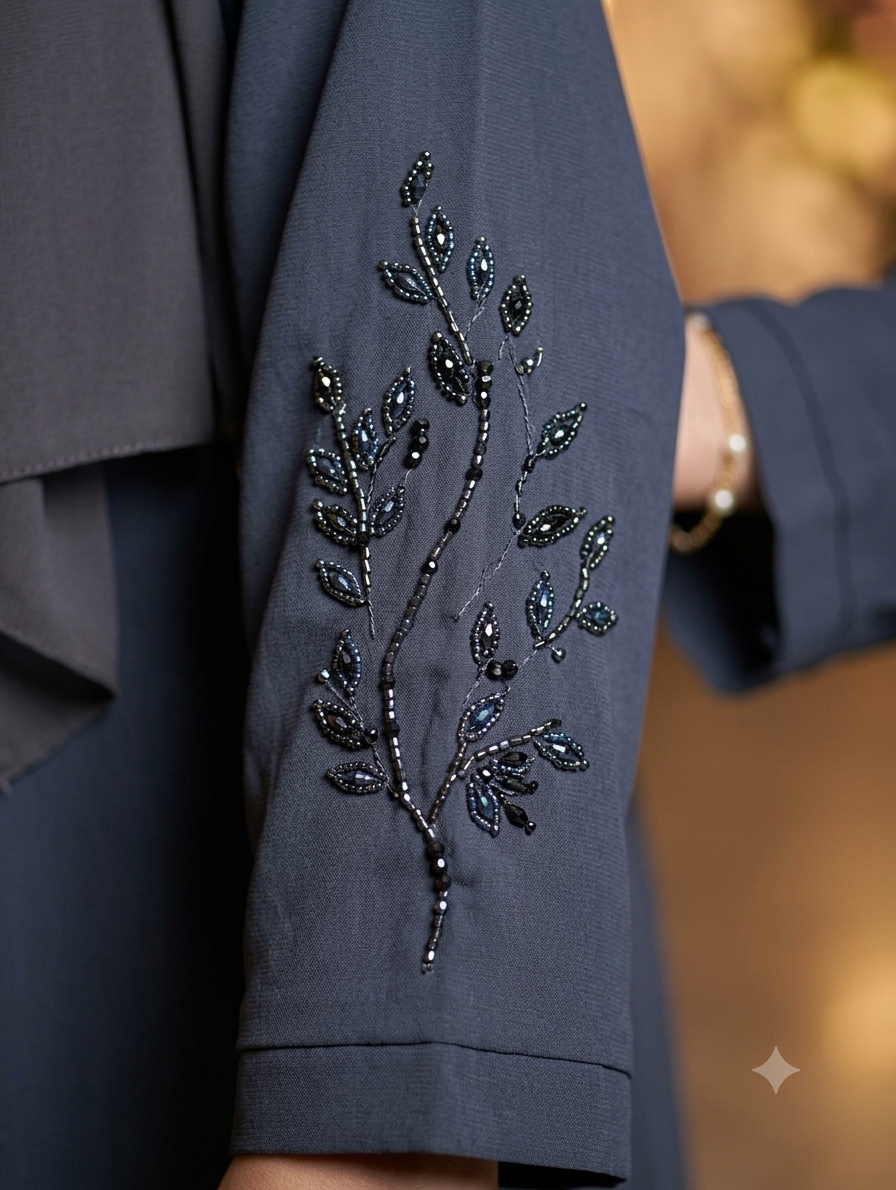 πΈ Sophisticated Shrug-Style Grey Abaya with Delicate Bead Embroidery & Matching Hijab πΈ