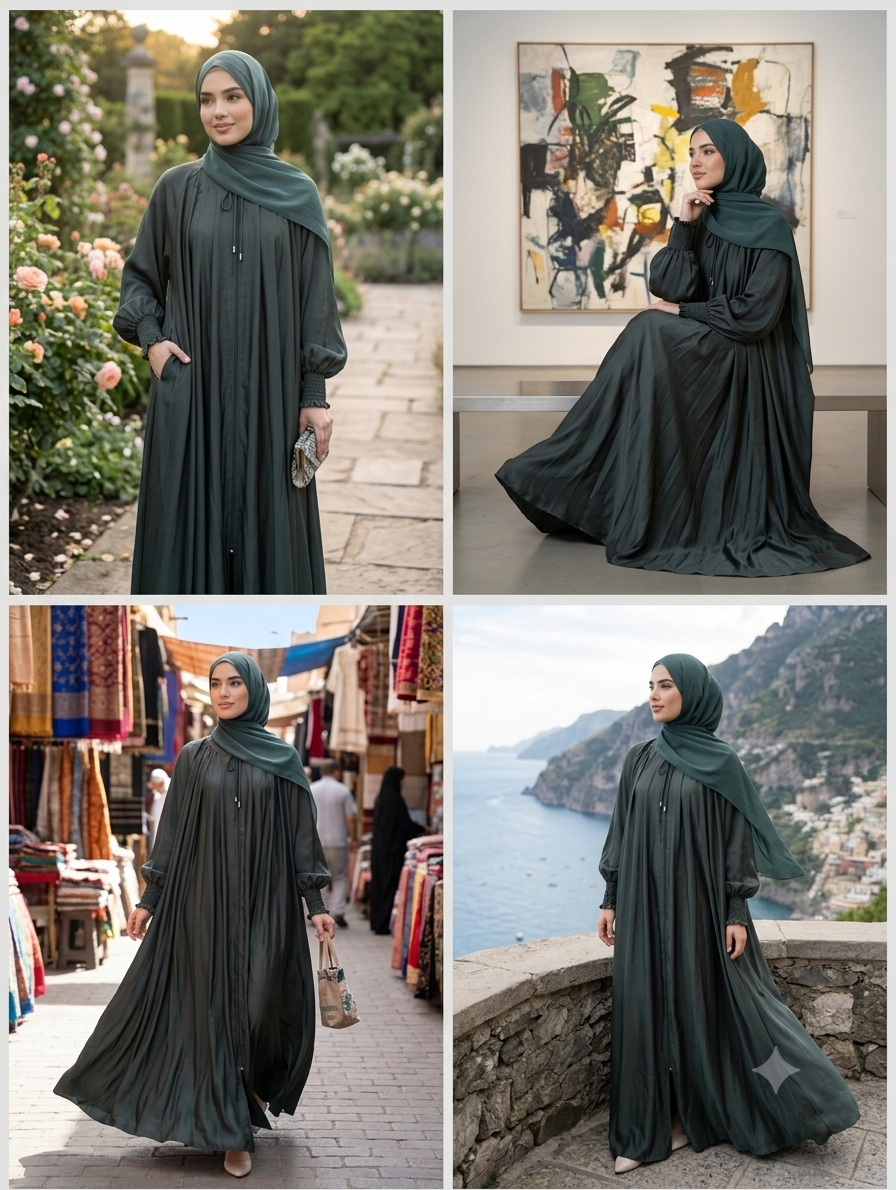 Beautiful flowy gathered abaya with smocked sleeve detailing" ๐