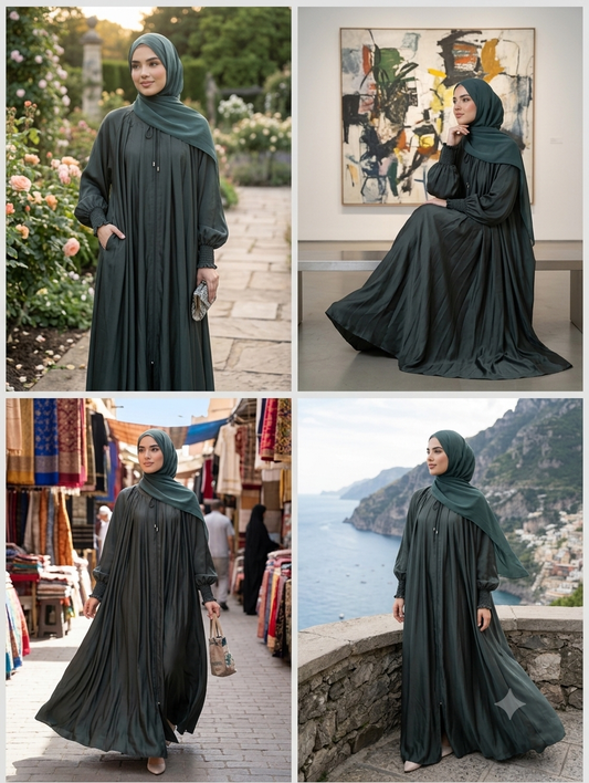 Beautiful flowy gathered abaya with smocked sleeve detailing" ๐