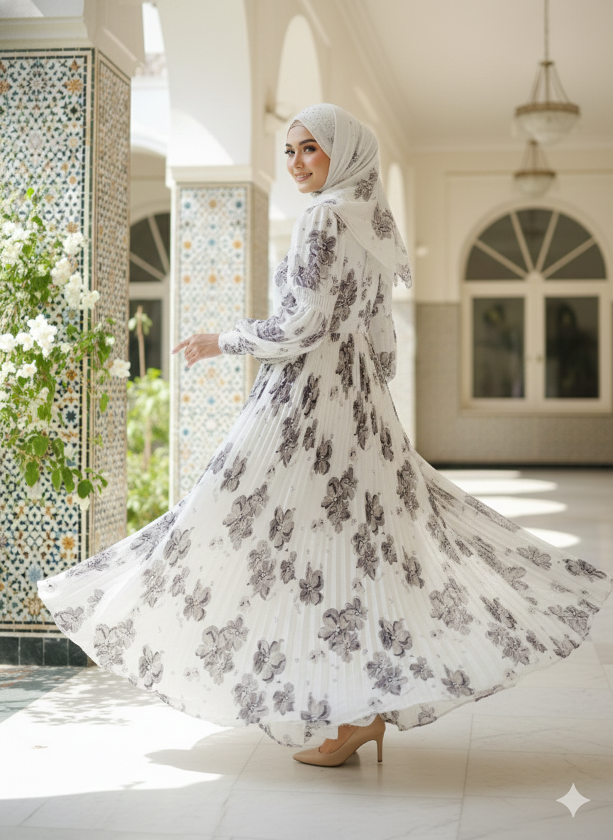 White Floral Pleated Turkish Maxi Dress