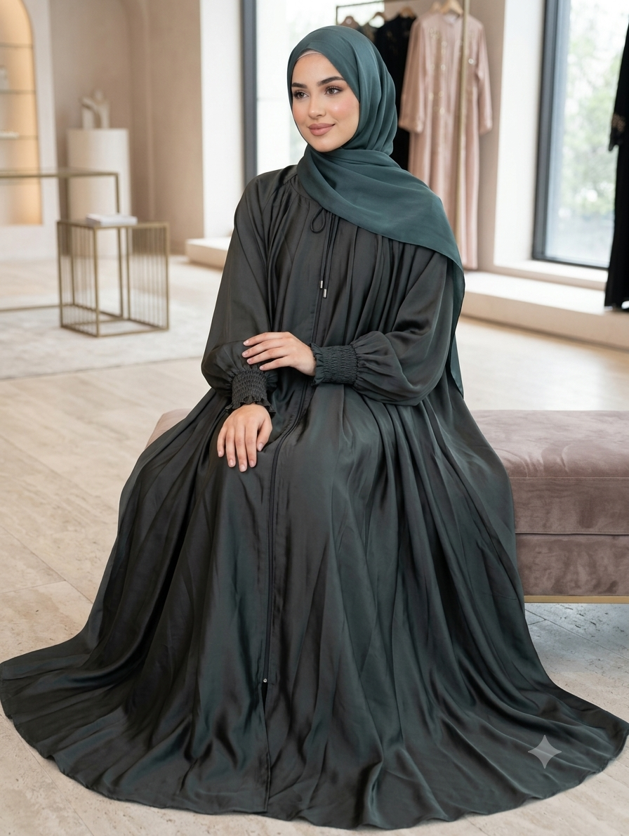 Beautiful flowy gathered abaya with smocked sleeve detailing" 😍