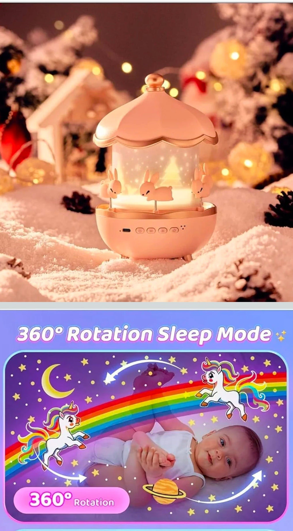 Night Light Rabbit Sky Projector for Kids – 360° Rotating Lamp with 6 Films, 5 Colours and 1200mAh Rechargeable Battery.(Night Light Projector)