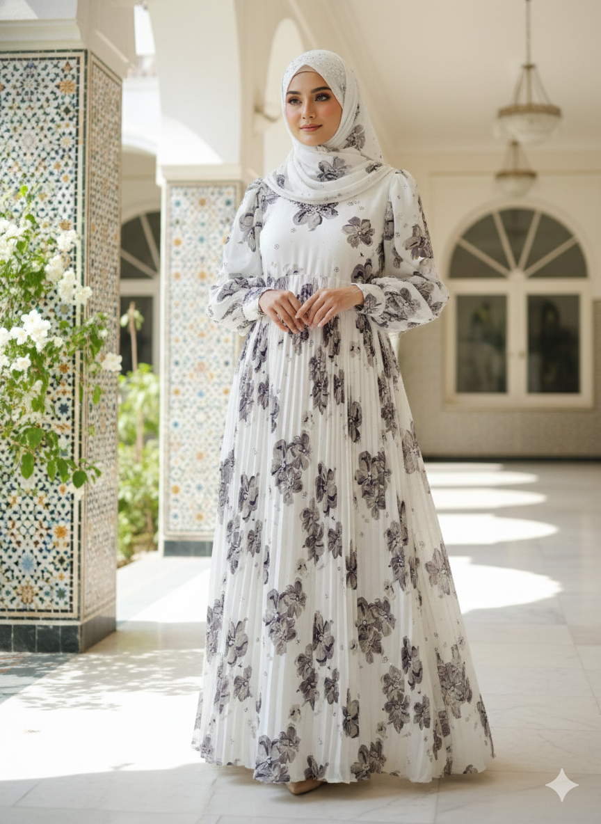 White Floral Pleated Turkish Maxi Dress