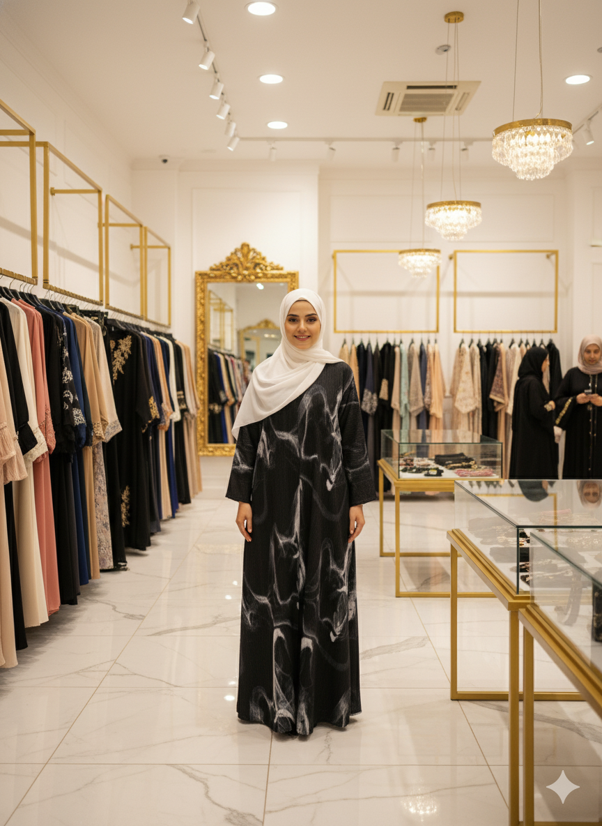 Black Marble Print Jacket Abaya Set