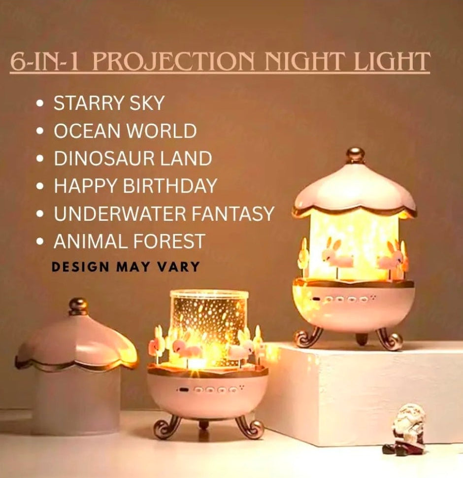Night Light Rabbit Sky Projector for Kids – 360° Rotating Lamp with 6 Films, 5 Colours and 1200mAh Rechargeable Battery.(Night Light Projector)