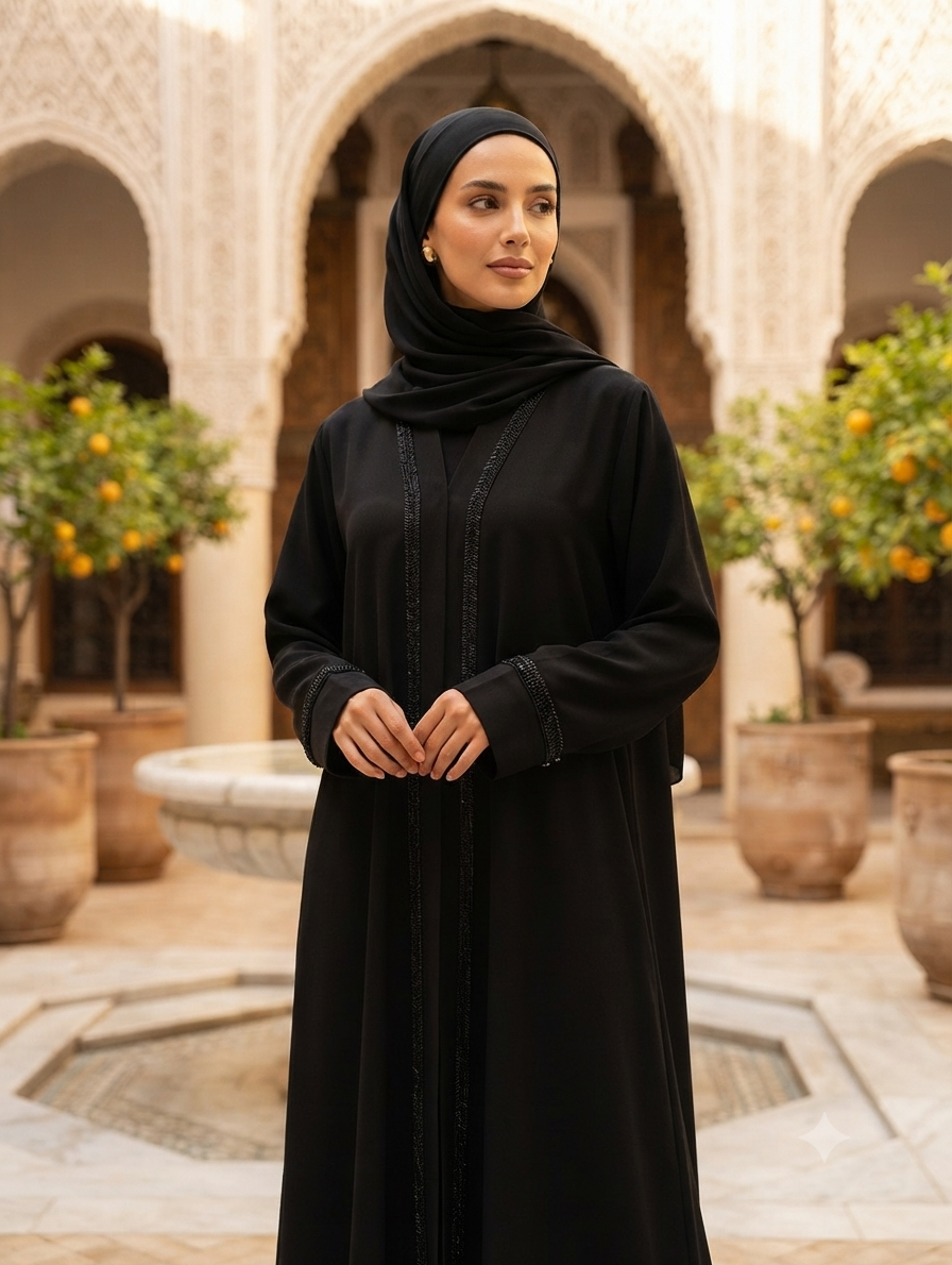 🌸 Classic Parada Fabric Front-Open Abaya with Fine Beaded Trim 🌸