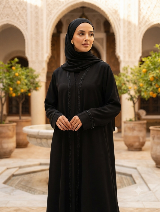 🌸 Classic Parada Fabric Front-Open Abaya with Fine Beaded Trim 🌸
