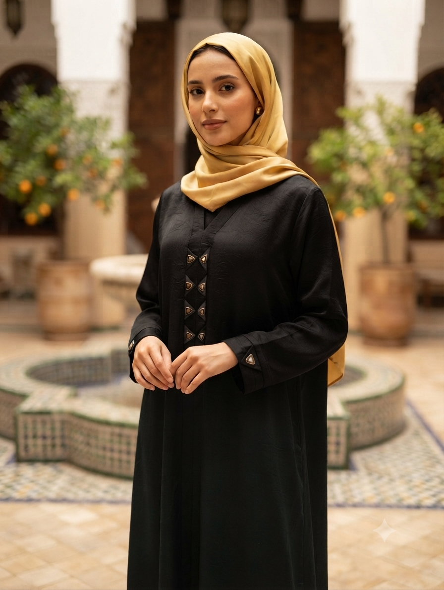 🌸 Elegant Parada Fabric V-Neck Abaya with Geometric Button Accents  🌸