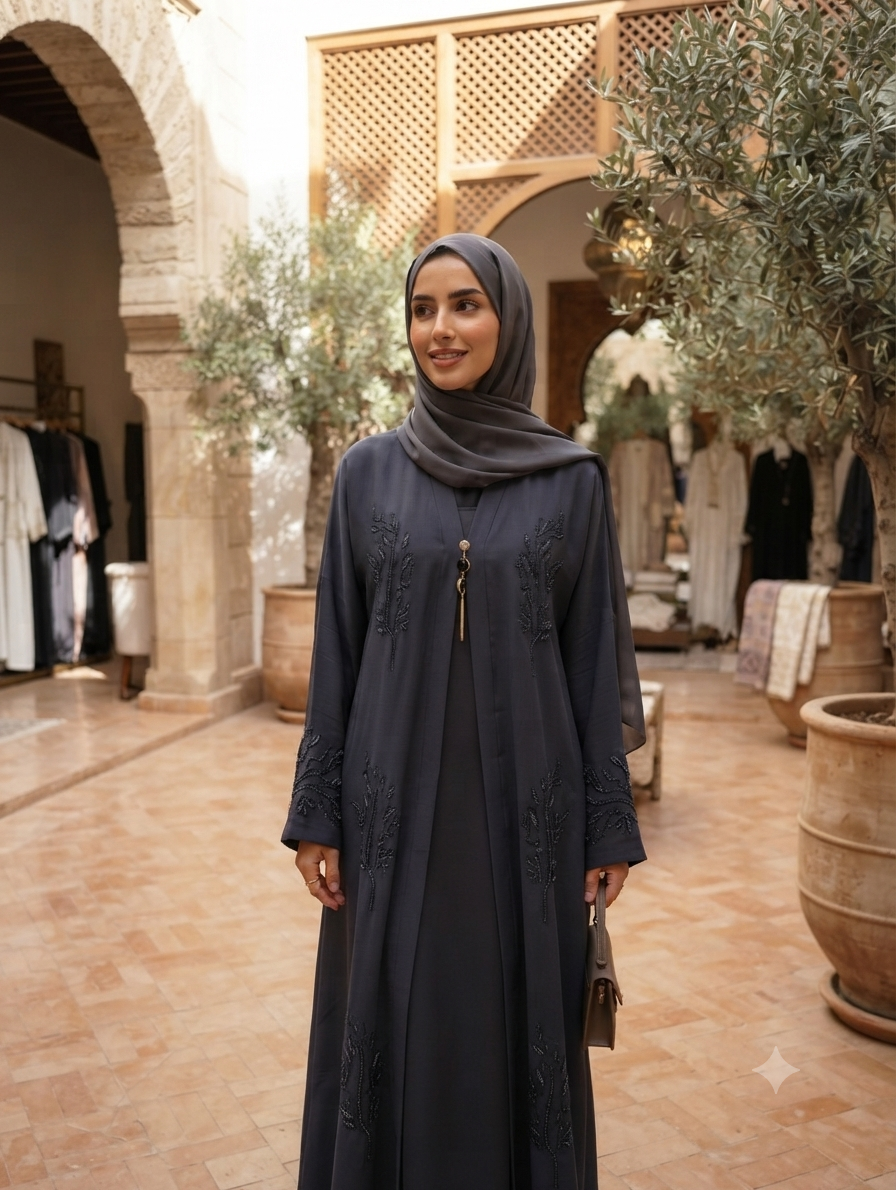 🌸 Sophisticated Shrug-Style Grey Abaya with Delicate Bead Embroidery & Matching Hijab 🌸