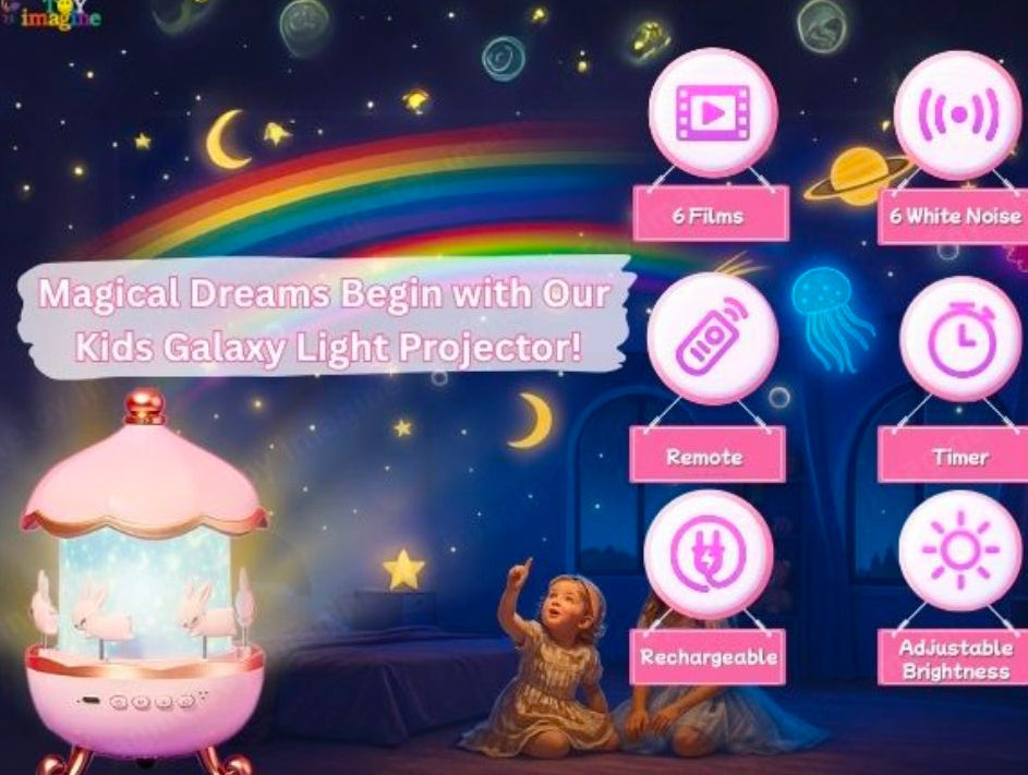 Night Light Rabbit Sky Projector for Kids – 360° Rotating Lamp with 6 Films, 5 Colours and 1200mAh Rechargeable Battery.(Night Light Projector)