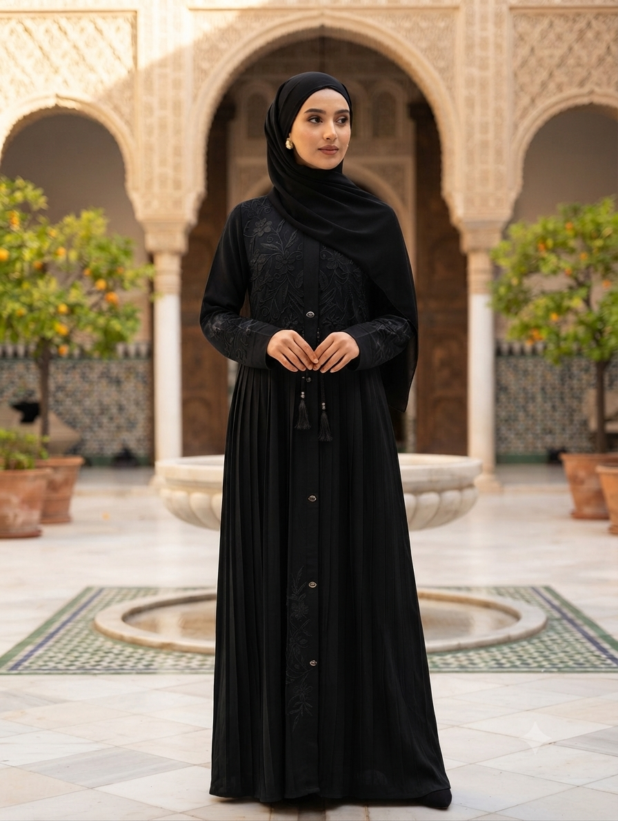 🌸 Beautiful Parada Fabric Fancy Front Floral Embroidery & Pleated Pattern Abaya with Black Dupatta 🌸